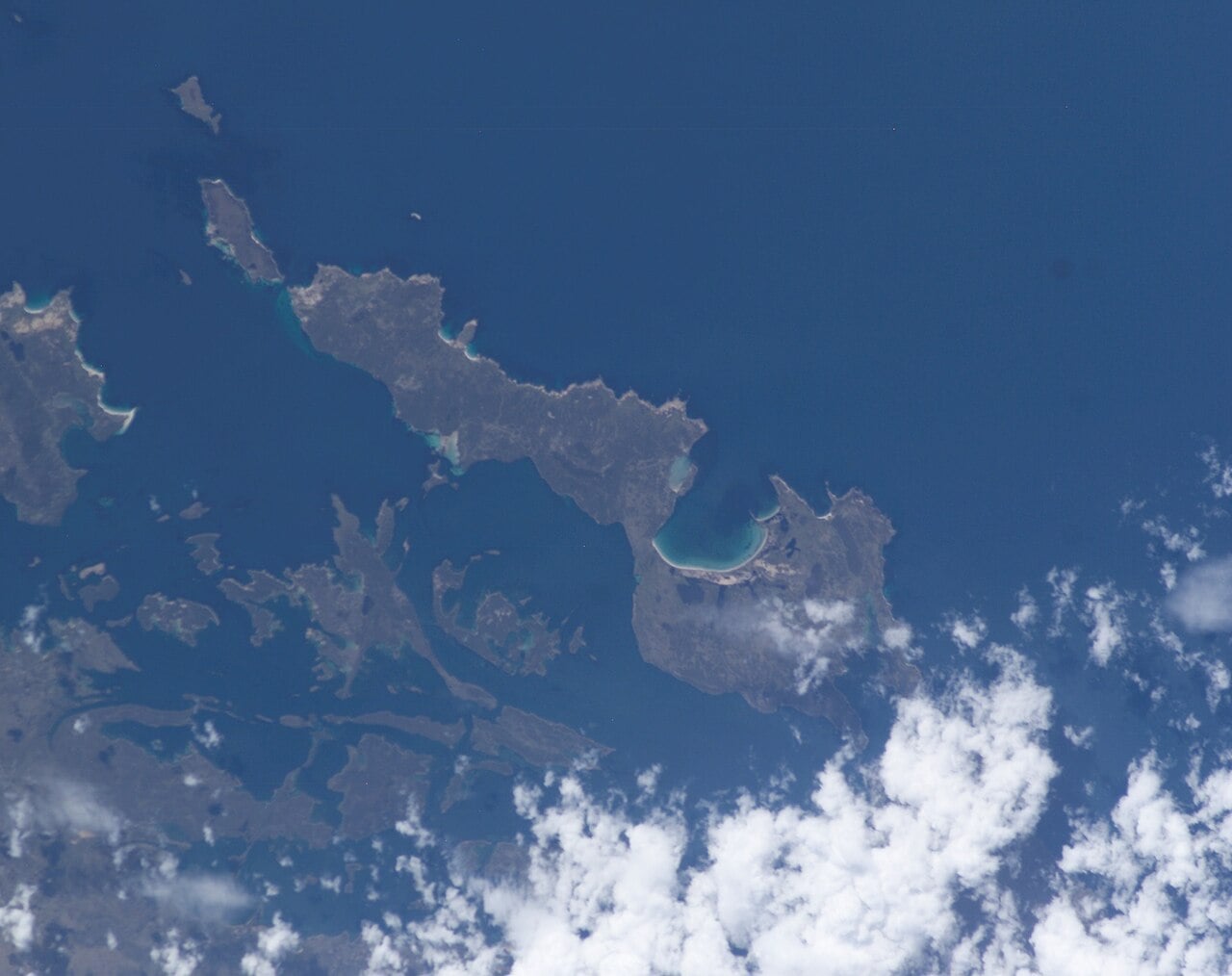Satellite photo of Pebble Island off the north coast of West Falkland, taken from the International Space Station