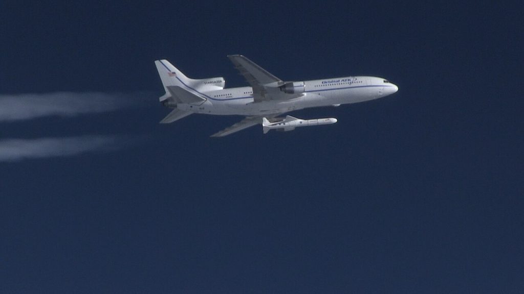 A Pegasus XL rocket igniting after release from the L-1011 Stargazer, December 2016