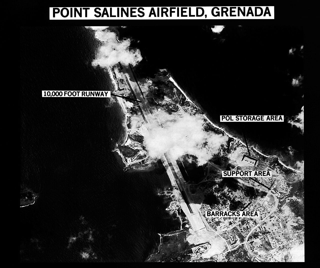 Annotated US Air Force aerial photograph of the Point Salines airfield under construction in Grenada, 1983