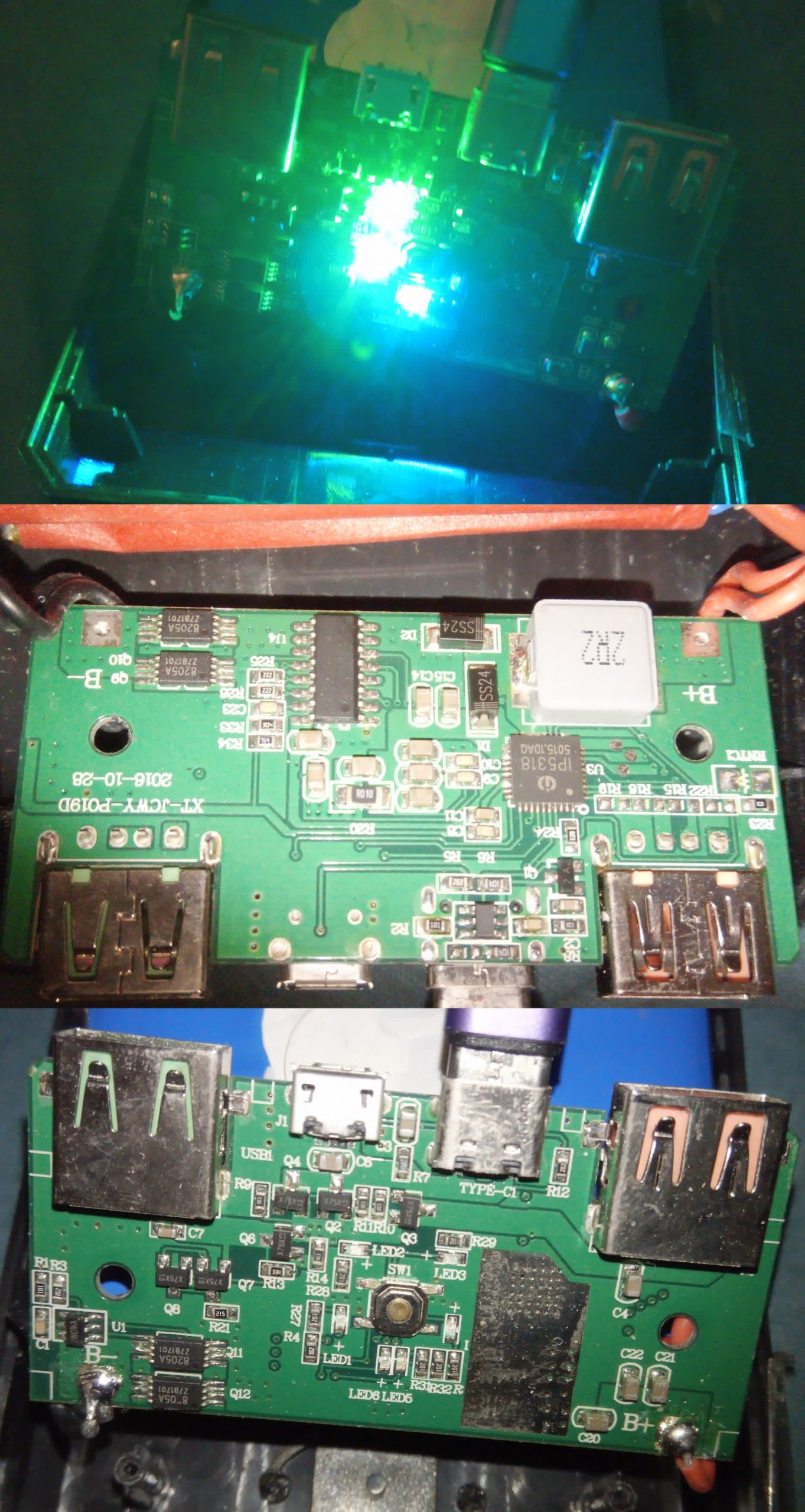 The circuit board inside a consumer power bank, showing the USB output ports and charge controller