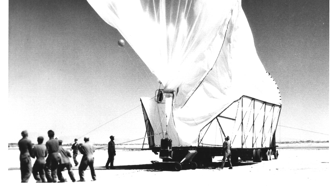 Launch of a Project Moby Dick high-altitude balloon, circa 1955 US Air Force ground crew launching a large plastic high-altitude balloon from a launch trailer at Holloman Air Force Base around 1955