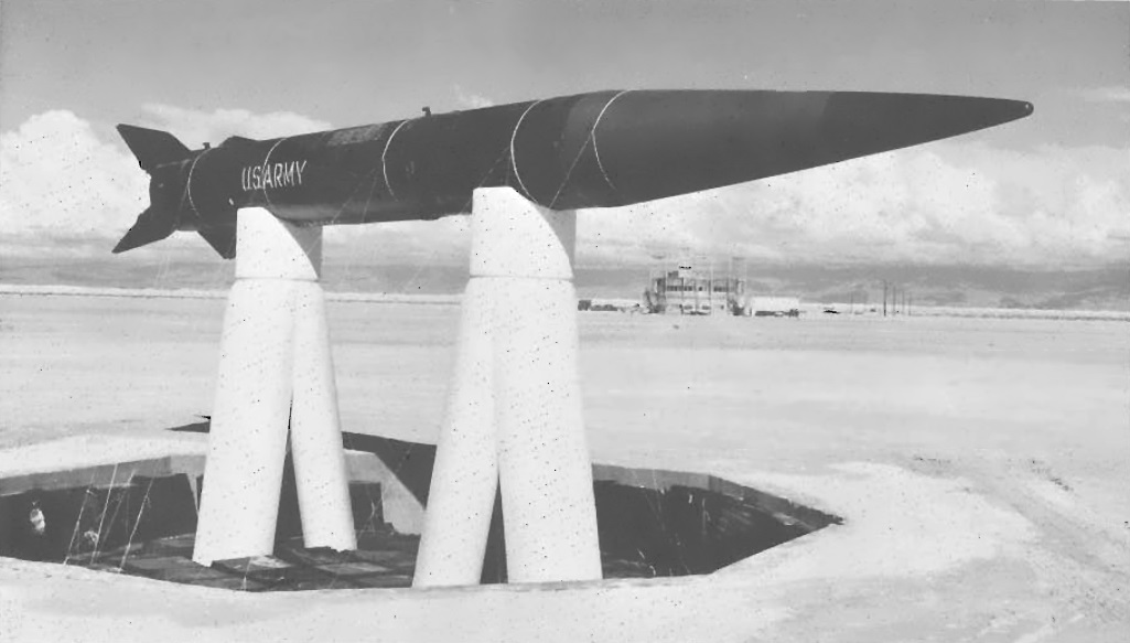 A missile airframe mounted on styrofoam supports at a radar cross-section measurement facility
