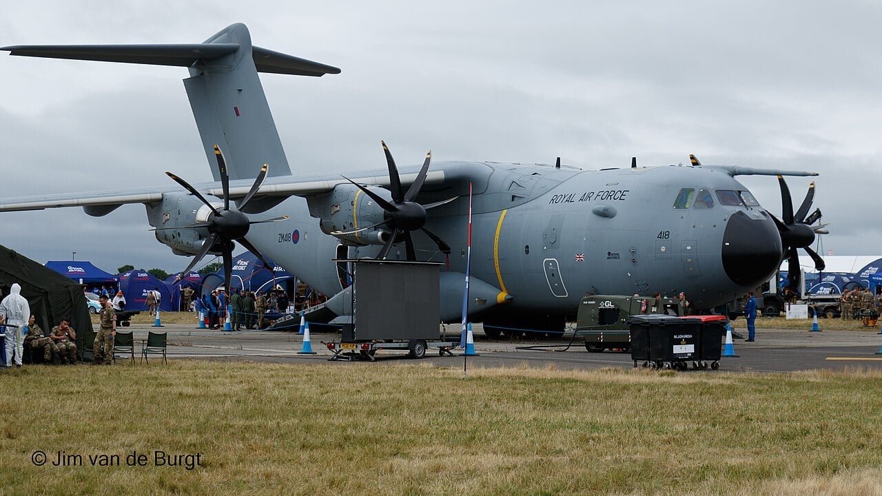 Royal Air Force Airbus A400M Atlas C.1 ZM418 parked on the grass at RAF Fairford in July 2024