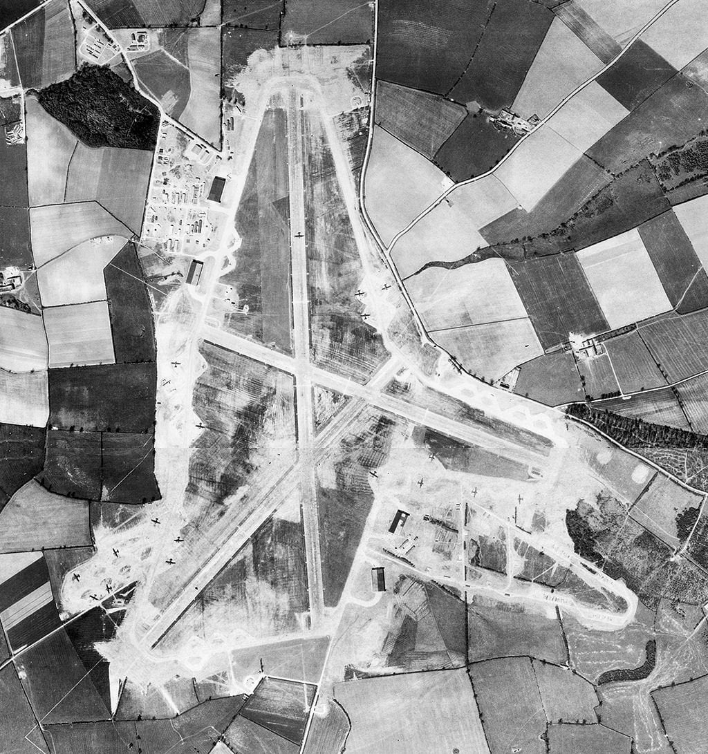 Aerial reconnaissance photograph of Harrington airfield in Northamptonshire on 22 April 1944 with aircraft of the 801st Bomb Group on the hardstands