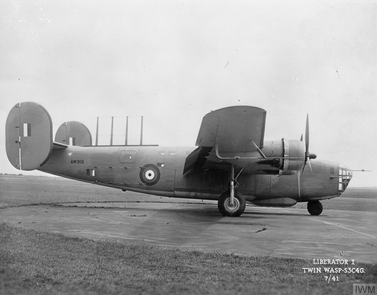 RAF Liberator Mark I AM910 converted for anti-submarine work with ASV radar aerials on top of the rear fuselage