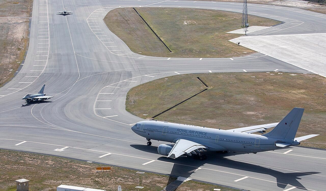 RAF Voyager tanker and RAF Typhoon FGR4 taxiing at RAF Akrotiri, Cyprus