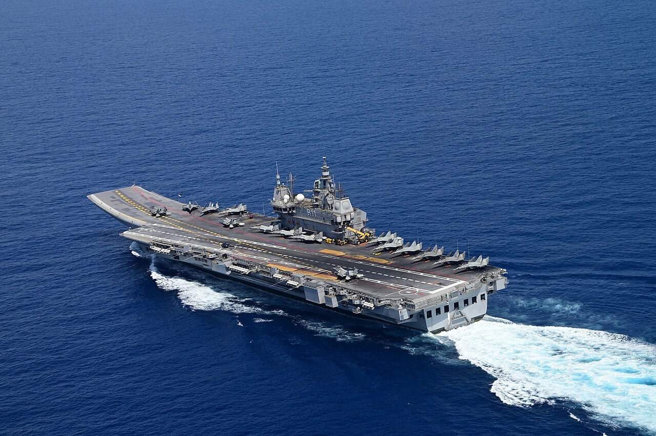 Indian Navy aircraft carrier INS Vikrant at sea with MiG-29K fighters on deck