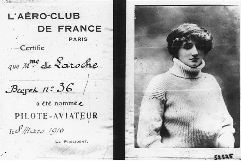Aéro-Club de France pilot certificate No. 36 issued to Mme de Laroche on 8 March 1910, with her photograph in a white roll-neck sweater