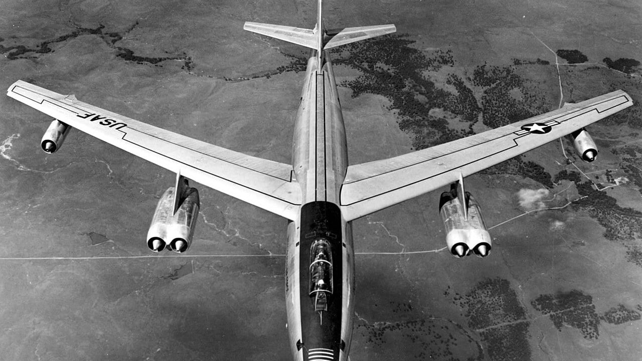 Boeing RB-47E Stratojet reconnaissance aircraft Overhead view of a US Air Force Boeing RB-47E Stratojet reconnaissance jet in flight