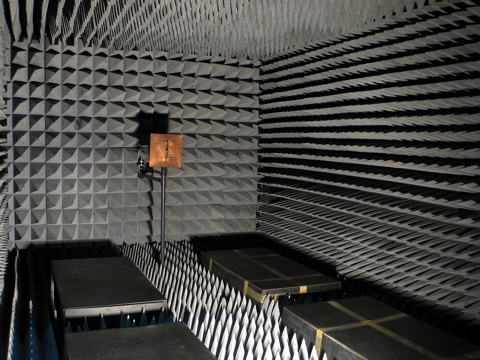 A radio-frequency anechoic chamber lined with pyramidal absorber
