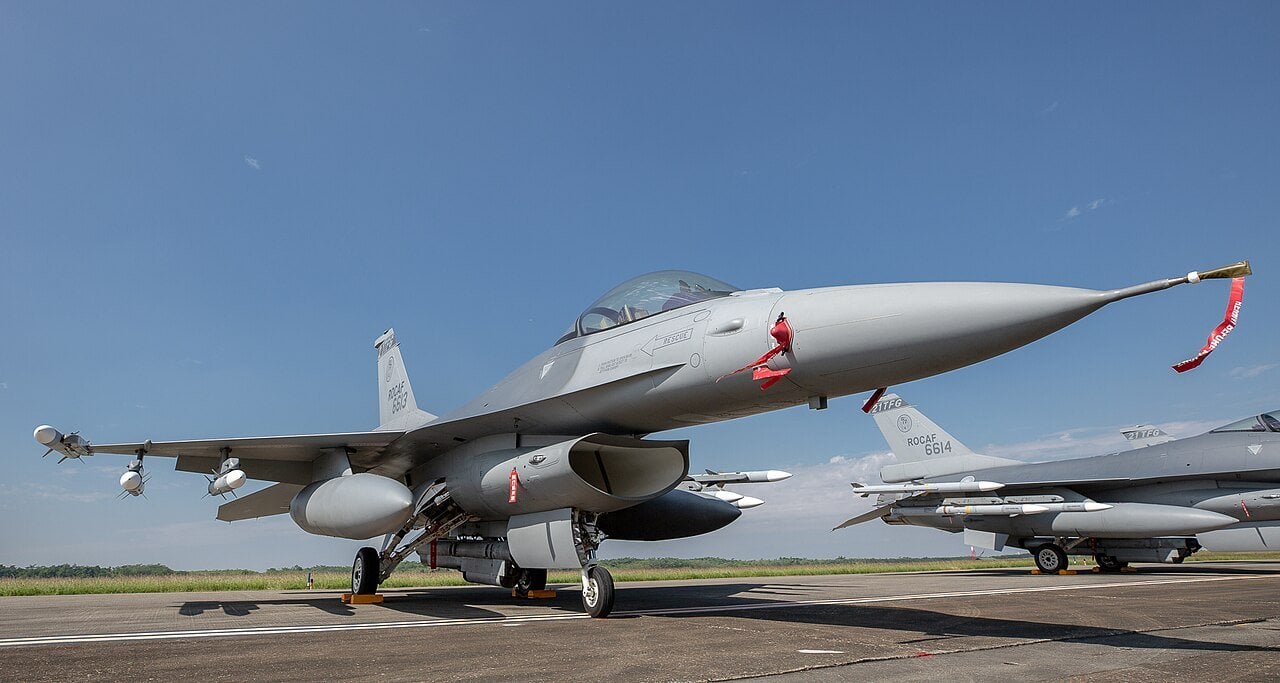 Upgraded Republic of China Air Force F-16V serial 6613 armed with missiles on the apron at Chiayi Air Base