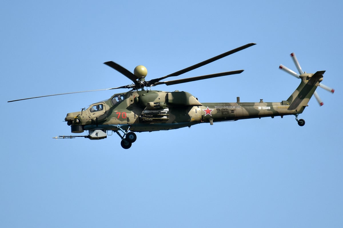 Russian Aerospace Forces Mi-28NM Havoc attack helicopter in camouflage flying with mast-mounted radar