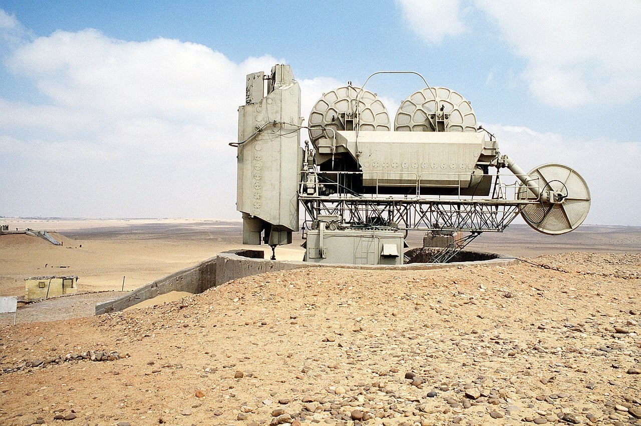 An Egyptian Fan Song E fire control radar of the SA-2 system in the desert