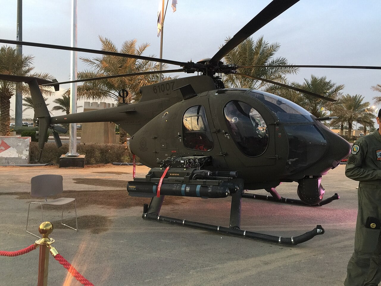Saudi Arabian National Guard AH-6 light attack helicopter 61007 armed with Hellfire missiles on display