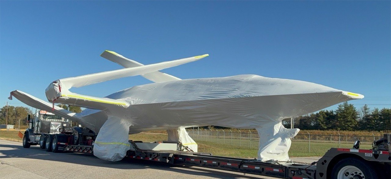 The second Navy MQ-25A Stingray wrapped on a flatbed truck during its move to MidAmerica St. Louis Airport