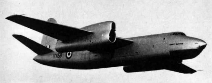 The Short Sperrin VX158 in flight at the 1956 Farnborough Airshow, showing its straight wings and stacked engine nacelles