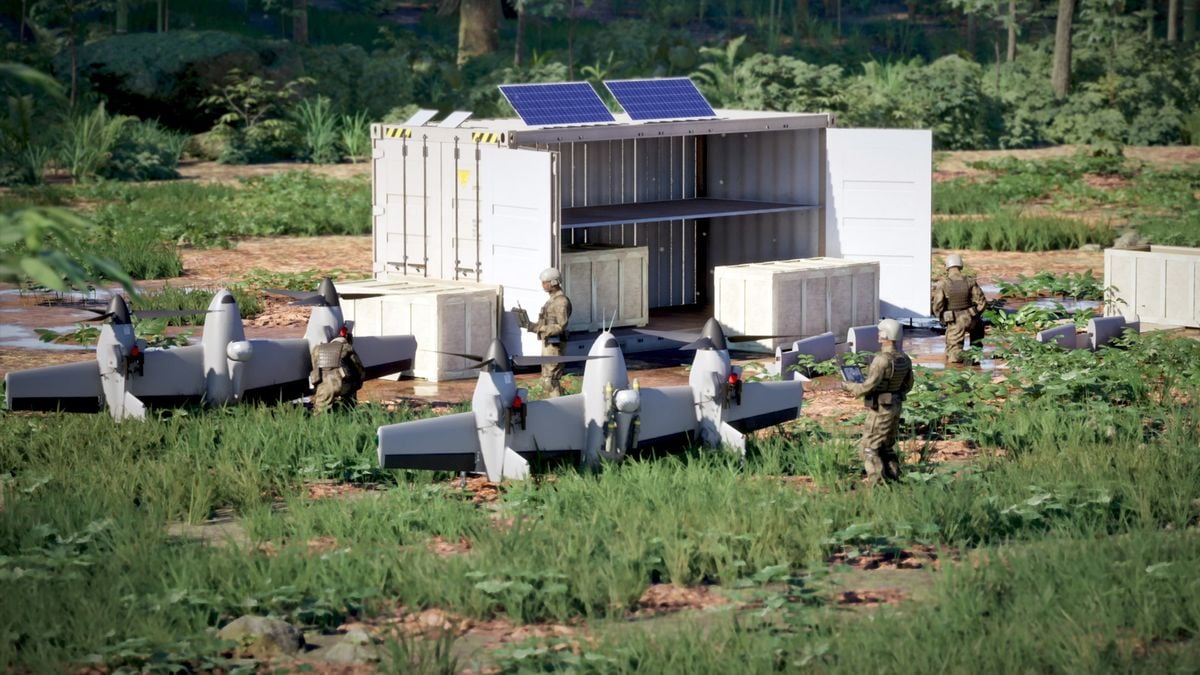Sikorsky rendering of the Nomad 100 Fast Pack container with four Nomad 100 drones
