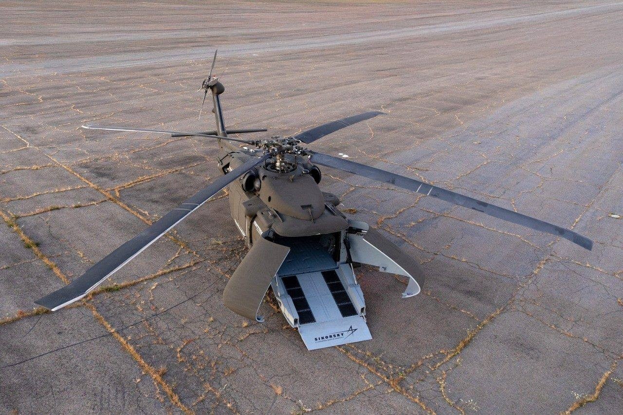 Sikorsky S-70UAS U-Hawk uncrewed Black Hawk seen from above with clamshell nose doors and ramp open