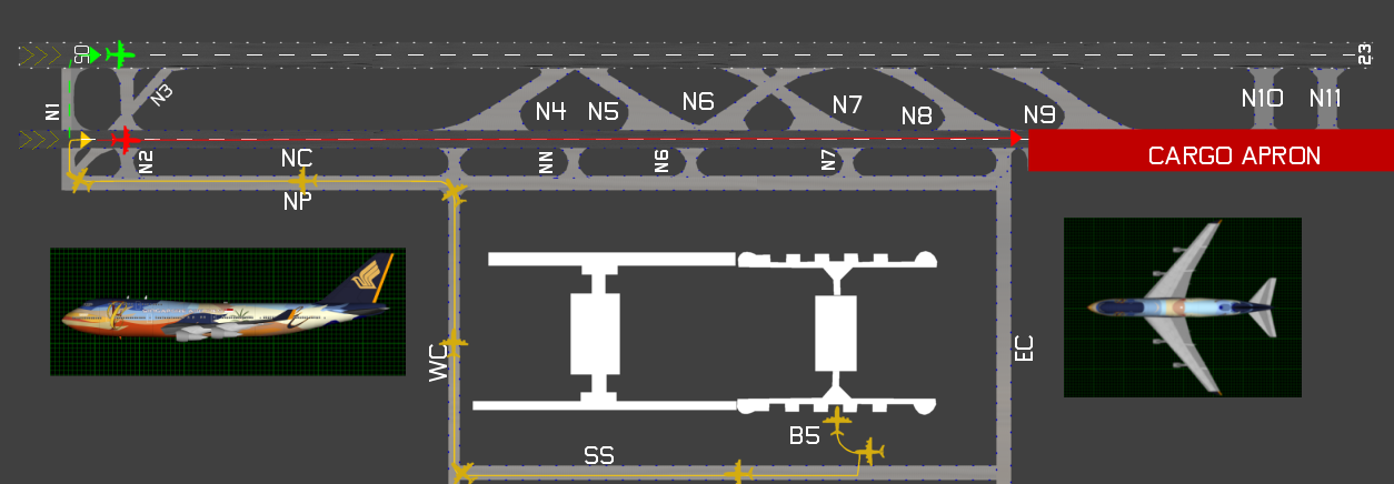 Diagram of runways 05L and 05R and taxiway route of Singapore Airlines Flight 006