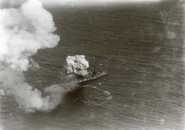 The former German battleship Ostfriesland hit by bombs during Billy Mitchell’s tests on 21 July 1921