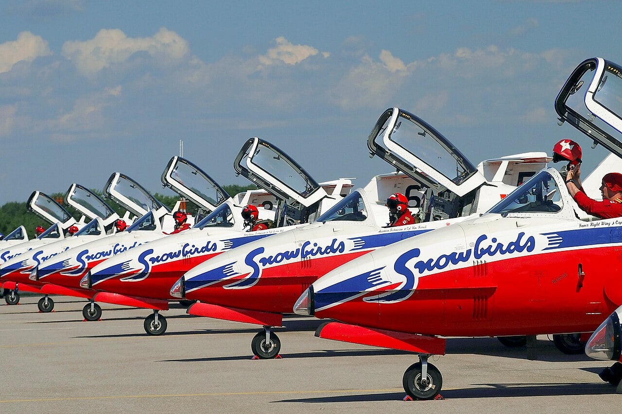 Snowbirds CT-114 Tutors lined up at an air show