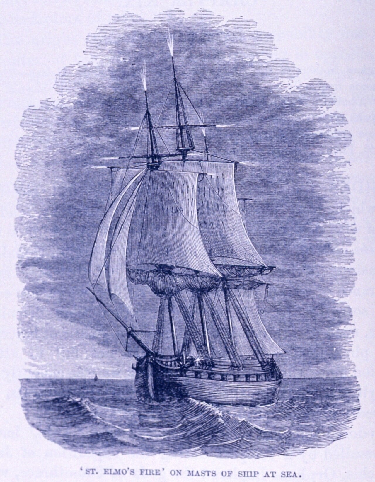 Nineteenth-century engraving of a sailing ship in a storm with small flames of St Elmo&rsquo;s fire glowing at the tops of its masts
