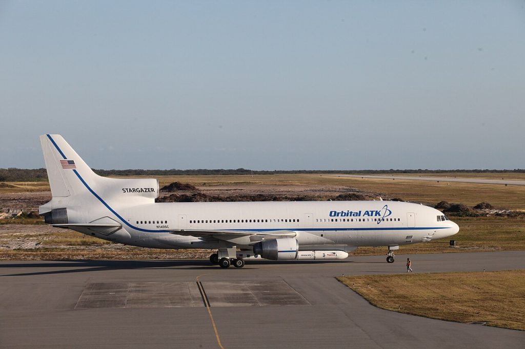 The L-1011 Stargazer with a Pegasus rocket under its fuselage at Cape Canaveral