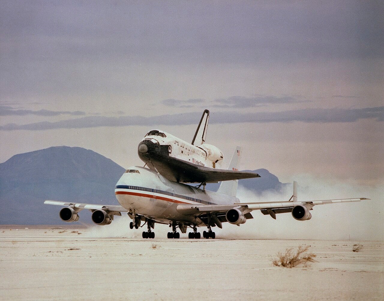 Columbia on the back of the Shuttle Carrier Aircraft taking off from Northrup Strip in April 1982