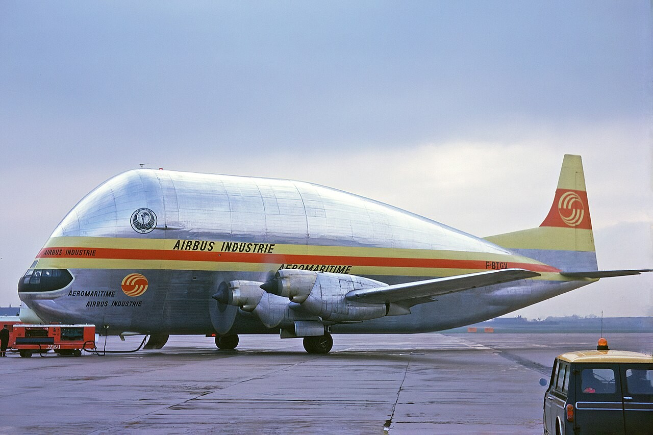 Aero Spacelines Super Guppy F-BTGV in Airbus Industrie and Aeromaritime colours on the apron at Manchester in March 1972