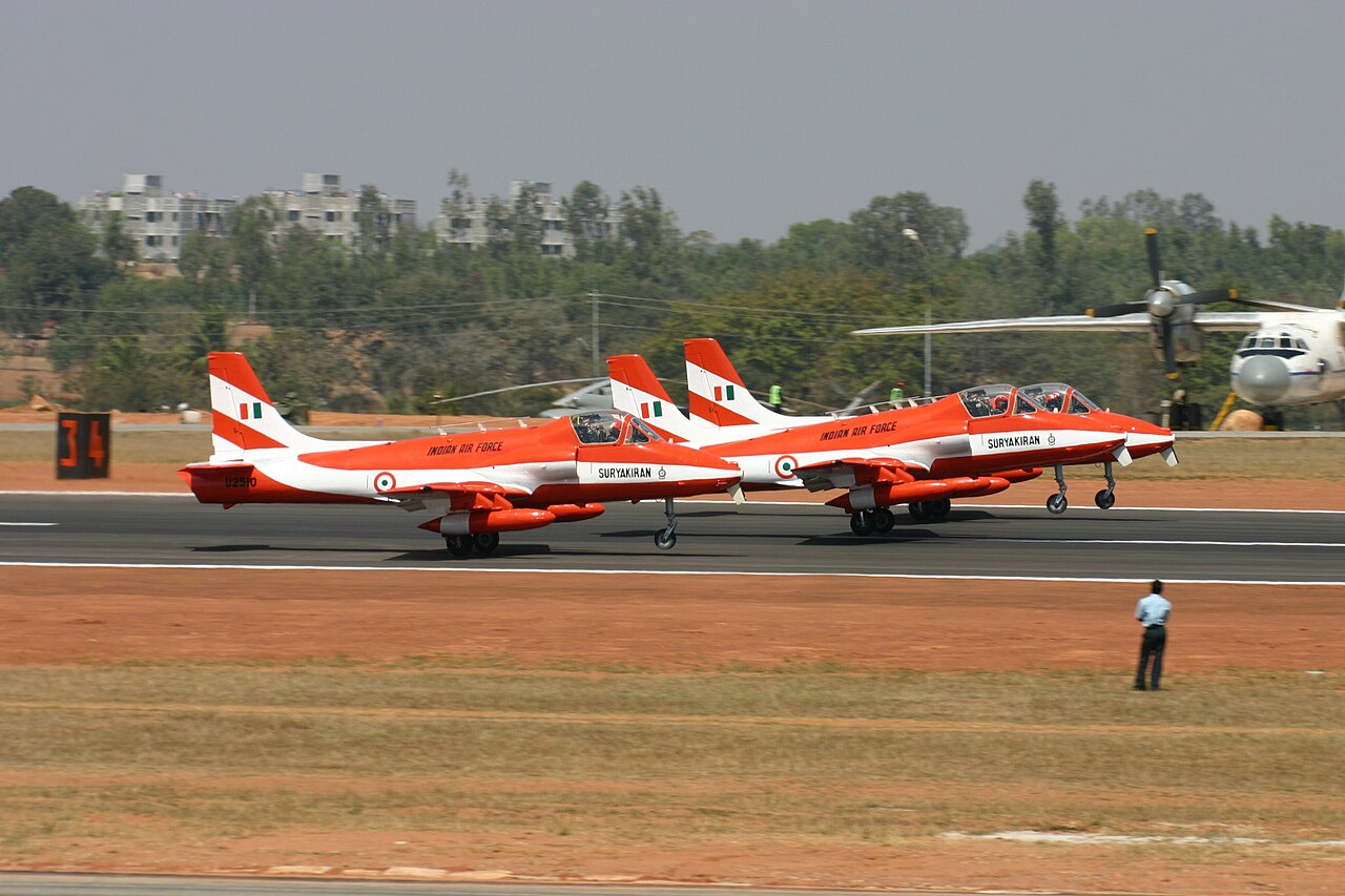 HAL HJT-16 Kiran trainers of the Surya Kiran Aerobatic Team taking off together at Yelahanka in 2005