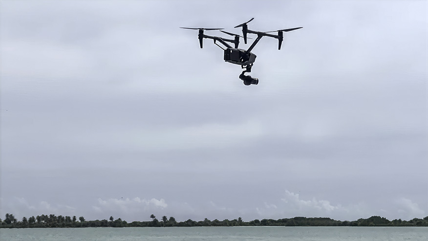 Drone flying over the lagoon of Nikumaroro during the 2026 Taraia Object expedition