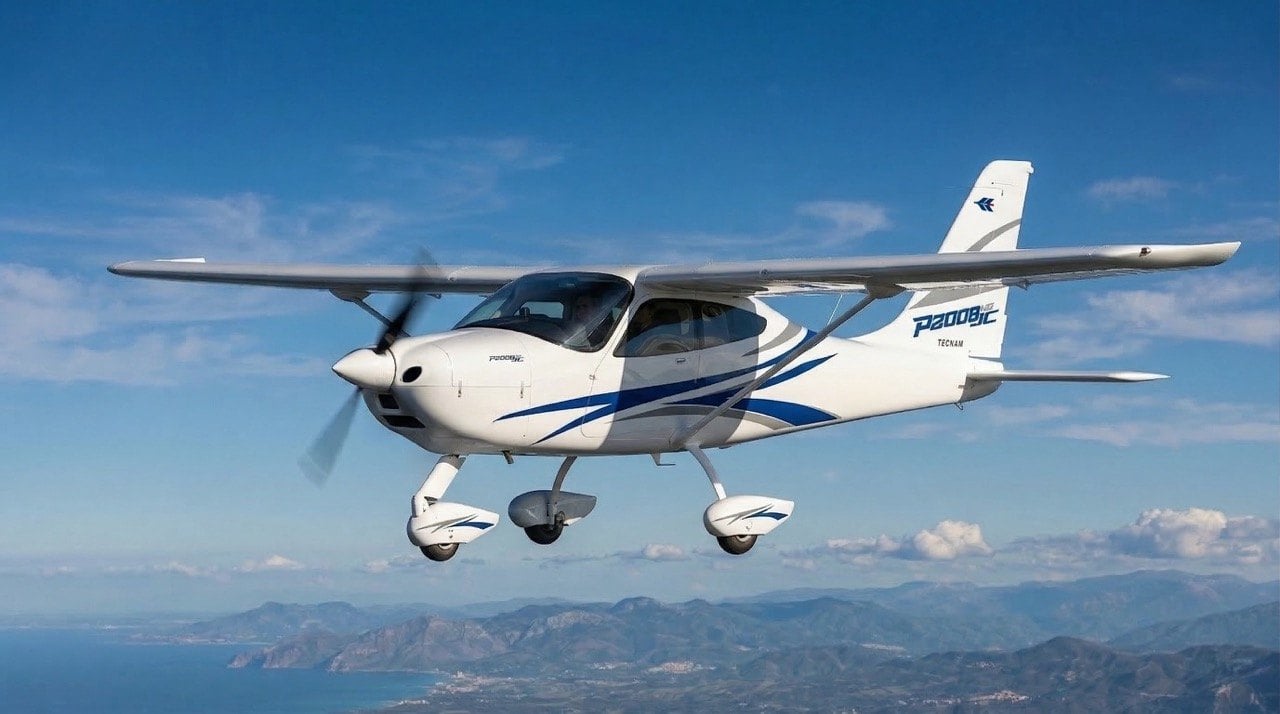 Tecnam P2008JC NG two-seat trainer in flight