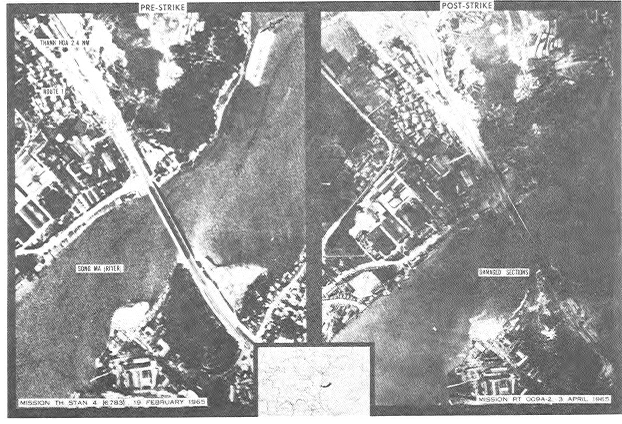 Pre-strike and post-strike reconnaissance photos of the Thanh Hoa Bridge over the Song Ma river, February and April 1965