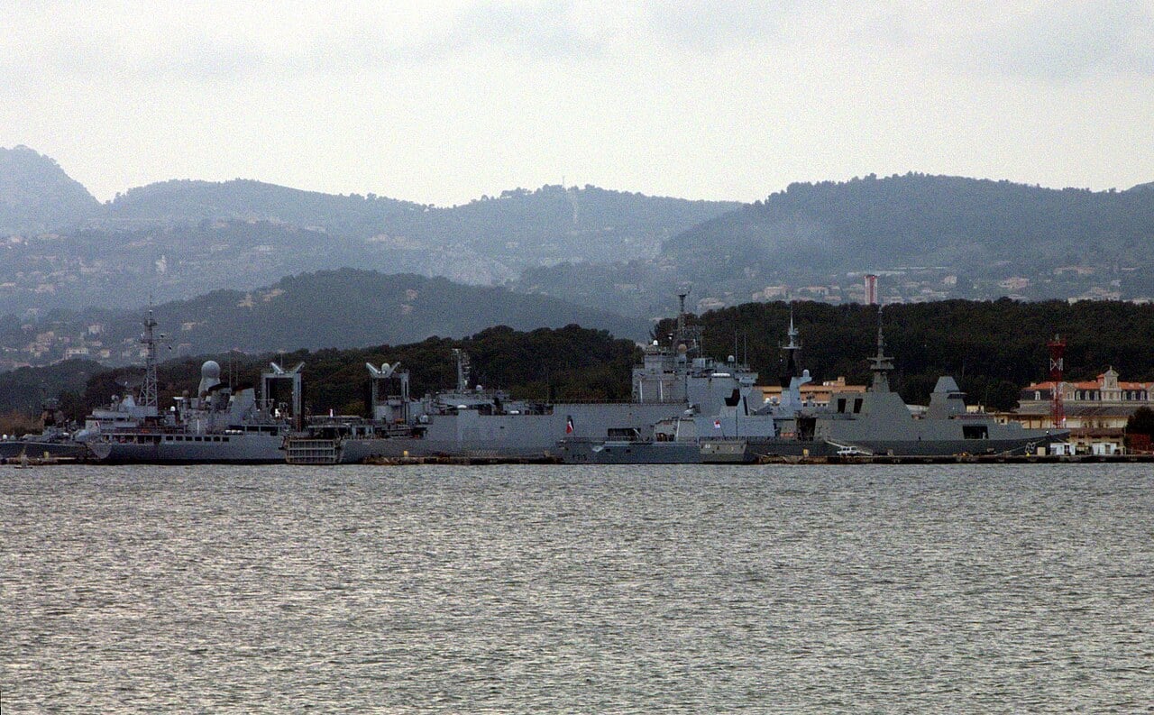 French Navy warships alongside at the Toulon naval base