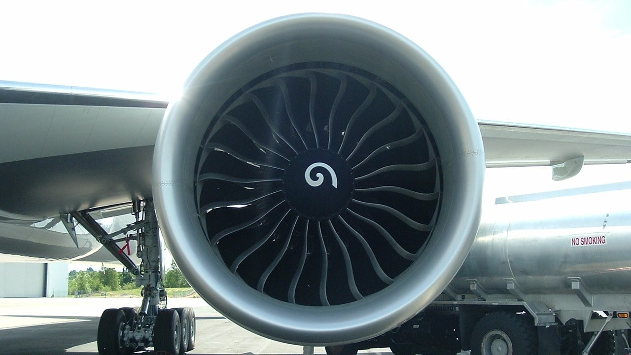 GE90-115B high-bypass turbofan on a Boeing 777-300ER Front view of the large fan of a General Electric GE90-115B high-bypass turbofan on an Air France Boeing 777-300ER