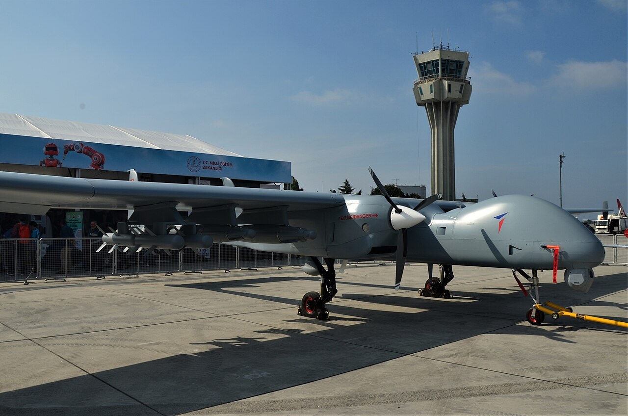 Grey twin-engine TUSAS Aksungur unmanned aircraft on display at Teknofest 2019 in Istanbul