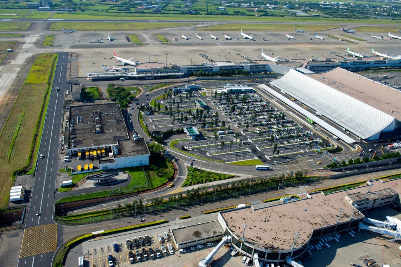 Aerial view of Taiwan Taoyuan International Airport Terminal 1 and apron