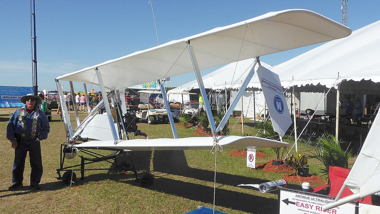 UFM Easy Riser antique ultralight at Sun ‘n Fun White UFM Easy Riser biplane ultralight displayed as an antique ultralight at Sun 'n Fun in Lakeland, Florida