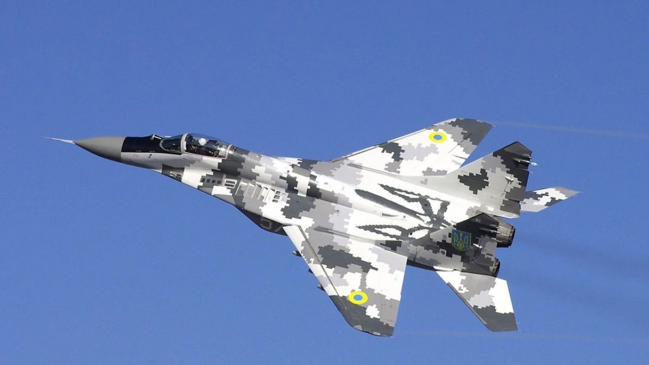 Ukrainian Air Force MiG-29 in digital camouflage Ukrainian Air Force MiG-29 Fulcrum in grey digital camouflage in flight