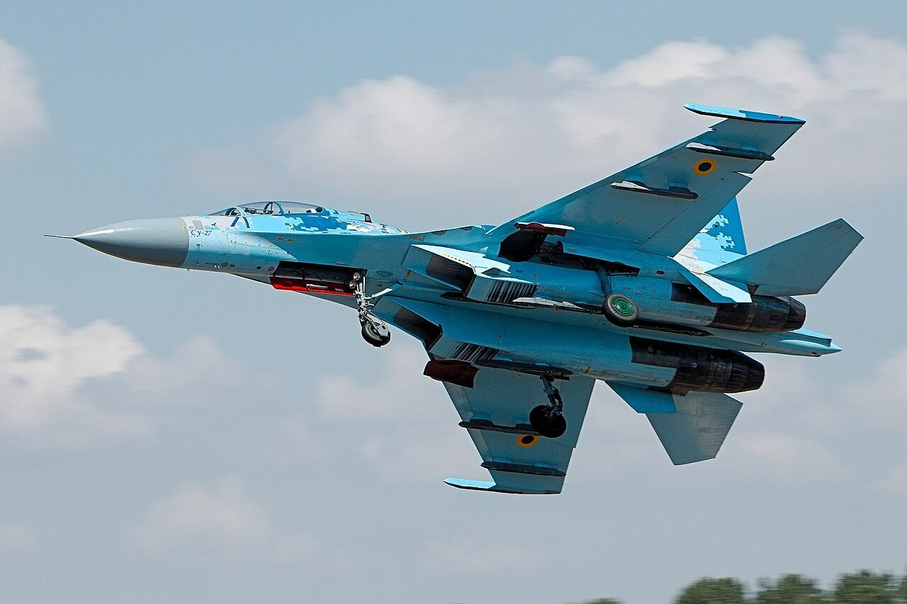 Ukrainian Air Force Su-27 showing its long tail boom between the engines