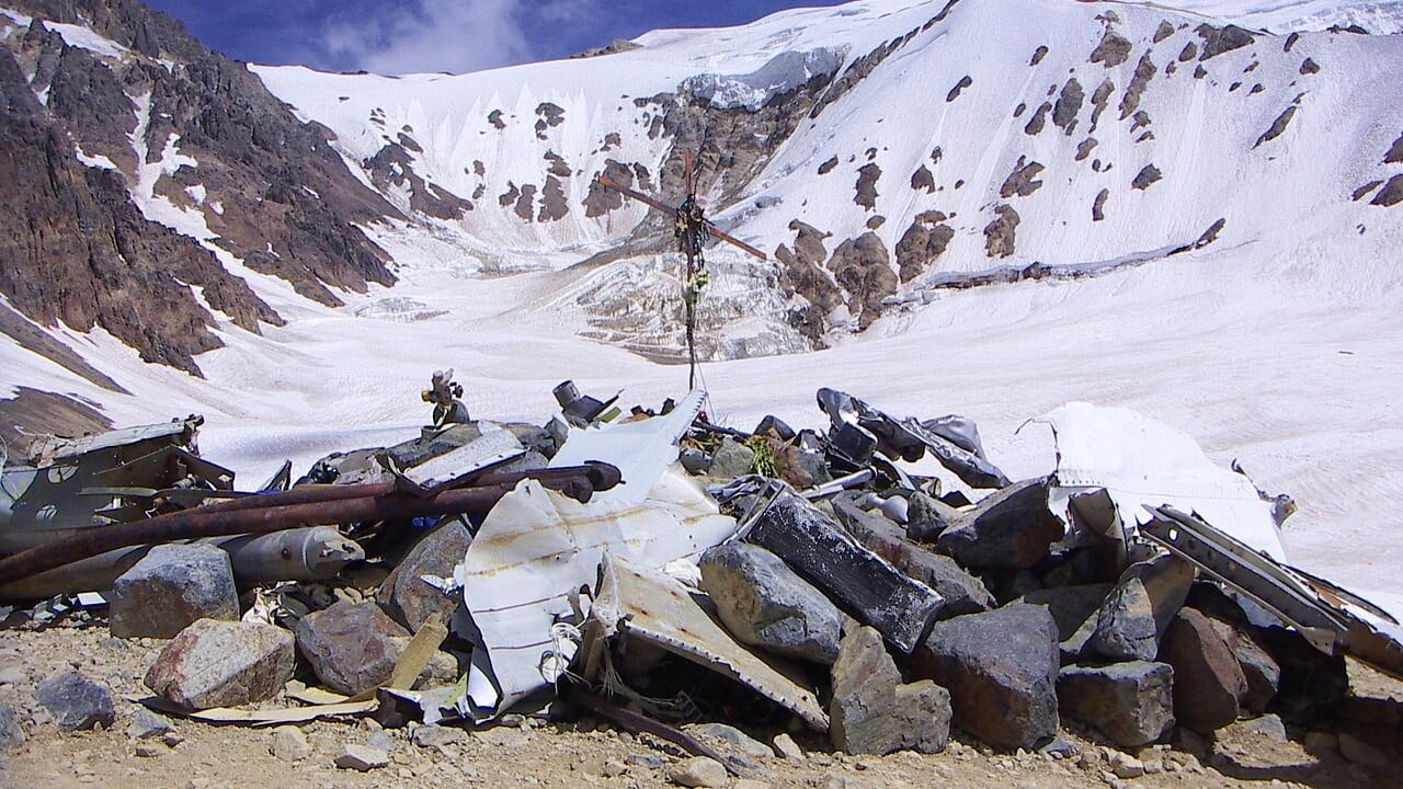 Crash site of Uruguayan Air Force Flight 571 in the Andes with memorial cross