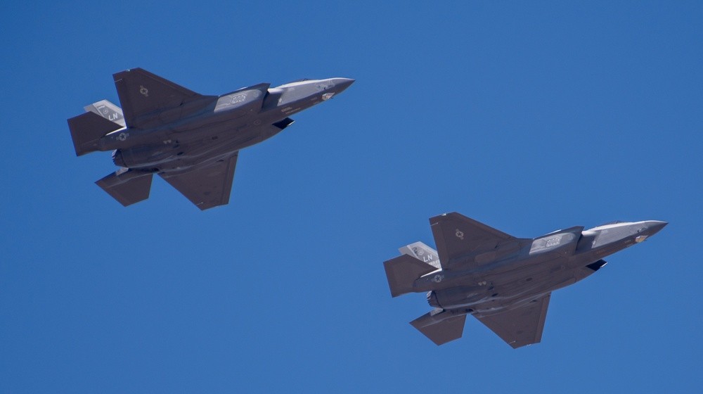 Two US Air Force F-35A Lightning II jets arriving at Beja, Portugal