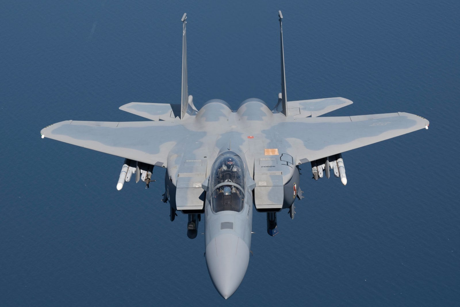 A U.S. Air Force F-15EX Eagle II of the 40th Flight Test Squadron flying over the Gulf