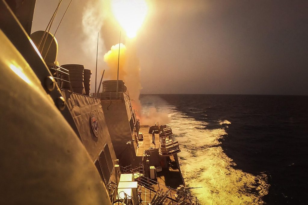 USS Carney firing interceptors at Houthi missiles and drones in the Red Sea, 19 October 2023