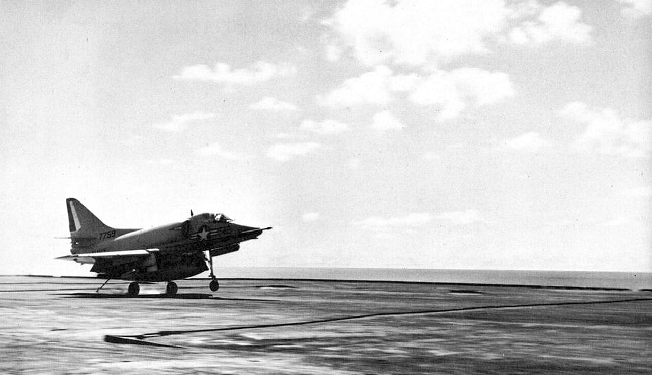 VA-76 A-4C Skyhawk landing, 1966 A US Navy A-4C Skyhawk of attack squadron VA-76 landing on a carrier in 1966