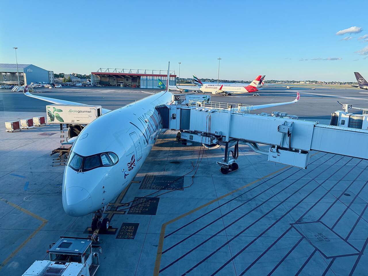 Virgin Atlantic Airbus A350-1000 G-VPRD parked at a jet bridge, a twin-engine widebody