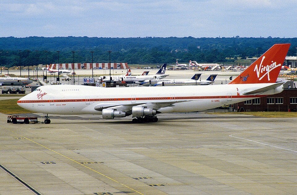 Virgin Atlantic Boeing 747-200 G-VIRG Maiden Voyager at London Gatwick in July 1984