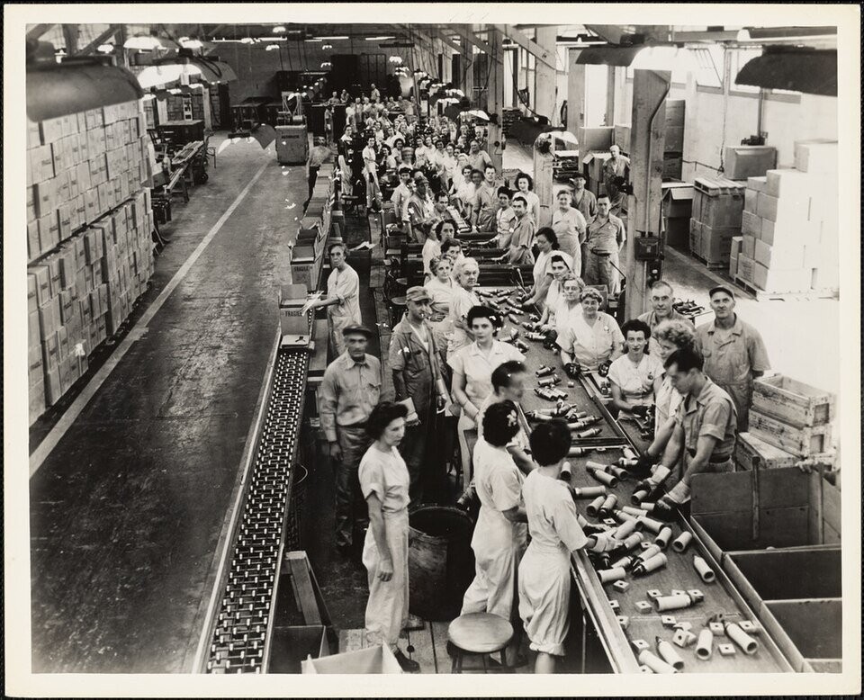 Workers on a VT proximity fuze assembly line in the United States