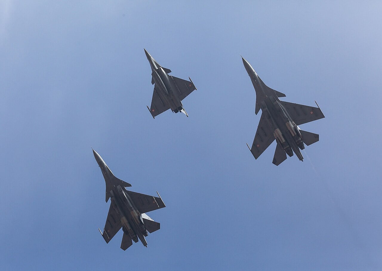 Indian Air Force Rafale and two Su-30MKI fighters in formation at Aero India 2025