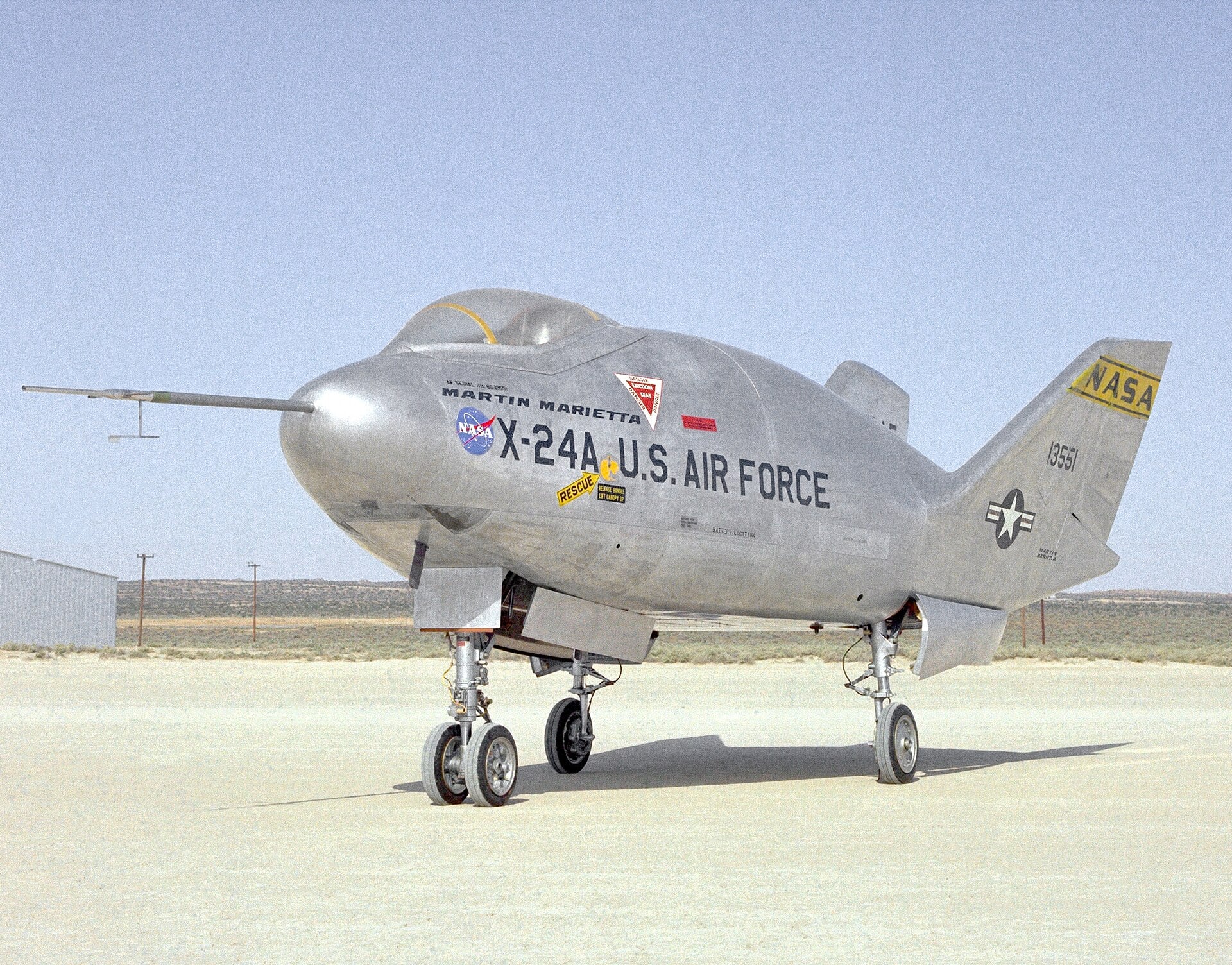 The bulbous X-24A lifting body on the lakebed in 1968